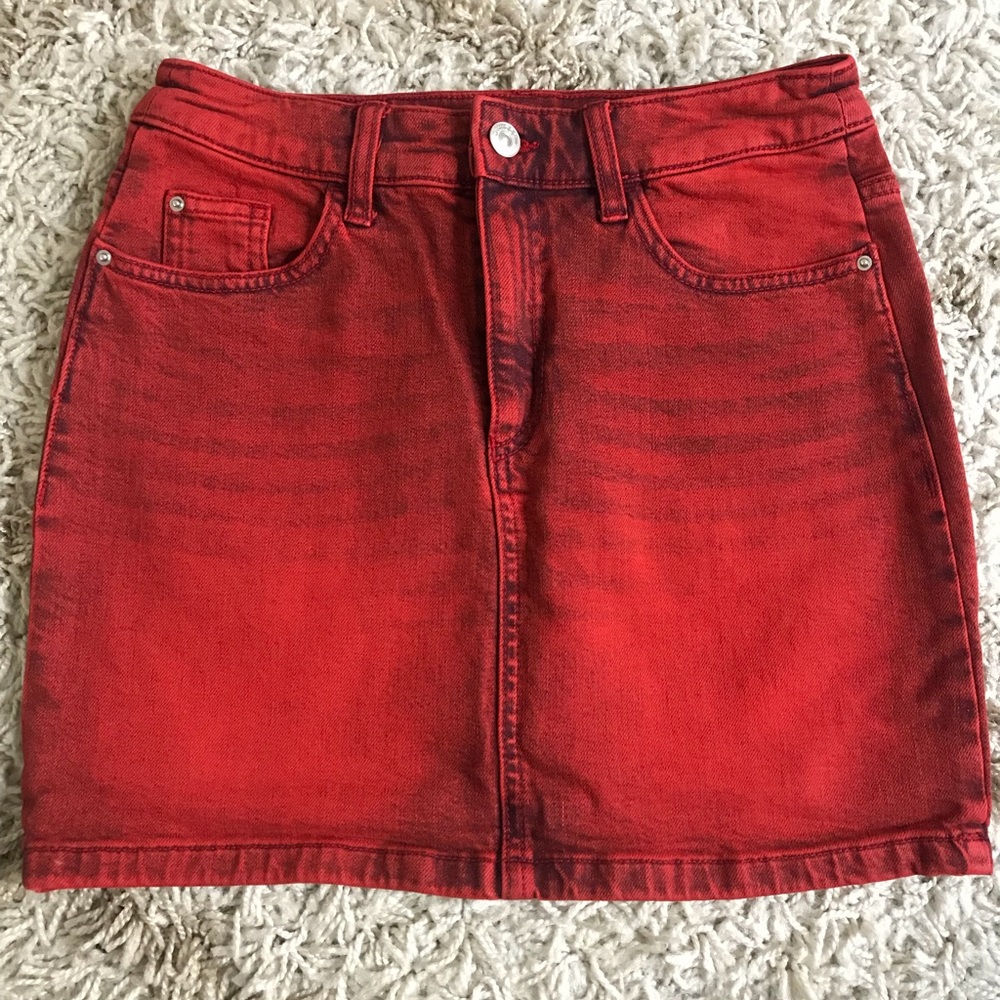 High waisted red denim skirt